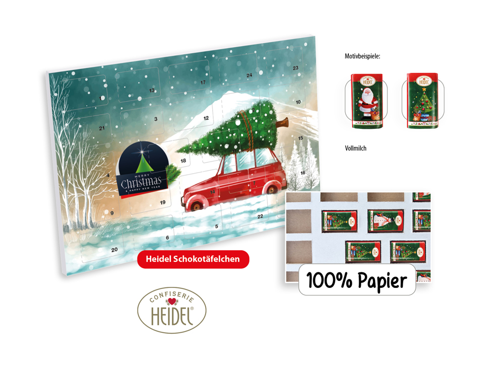 Tisch Adventskalender HEIDEL aus 100 % Papier individuell bedruckt 72 g  ,  Inhalt:  Heidel Schokoladentäfelchen