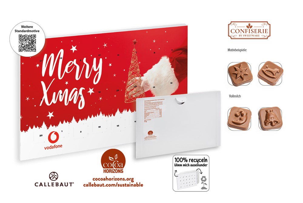 Wand Adventskalender Standardmotiv 75 g  ,  Inhalt:  Callebaut Vollmilch Schokolade Kalender