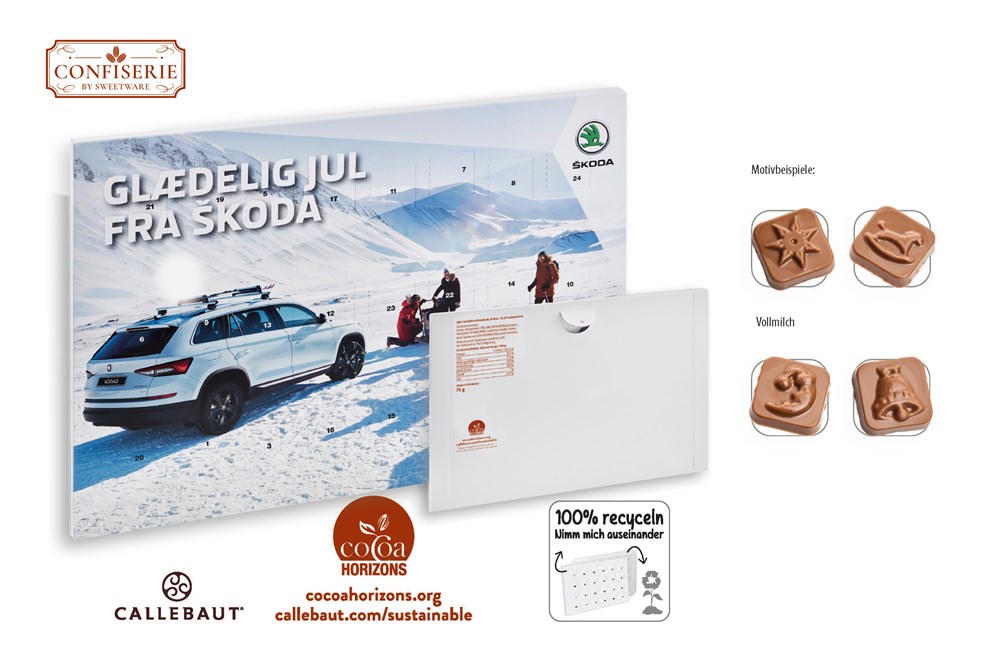 Wand Adventskalender individuell bedruckt 75 g  ,  Inhalt:  Callebaut Vollmilch Schokolade Kalender