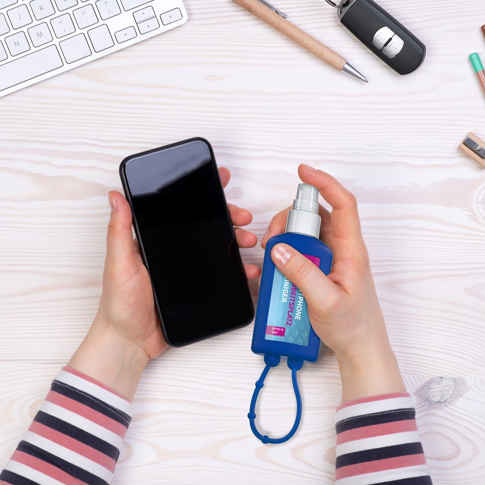 Smartphone & Arbeitsplatz-Reiniger, 50 ml Bumper blau, Body Label (R-PET)