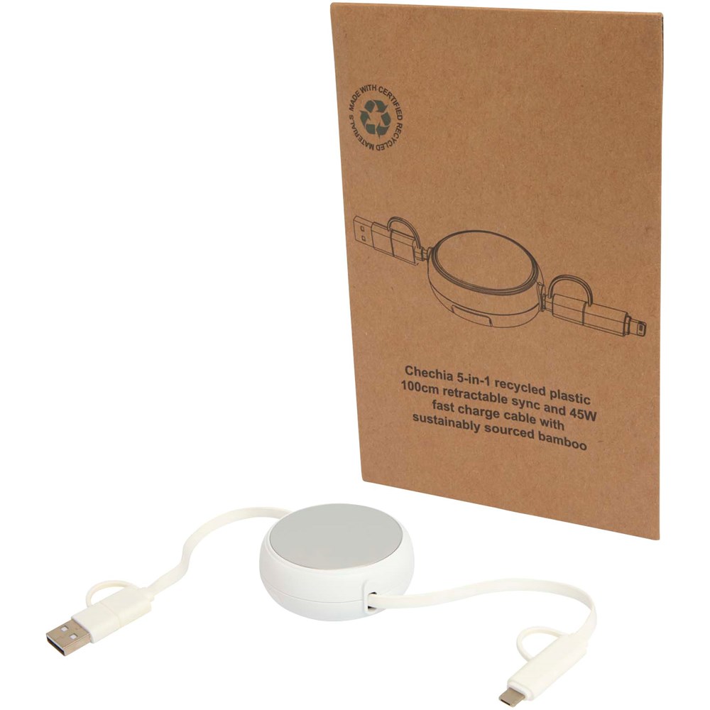 Alasia 100 cm 5-in-1 Kabel aus recyceltem Kunststoff und Aluminium, einziehbar, für Datenübertragung und mit 45W Schnellladung Alasia 100 cm 5-in-1 Kabel aus recyceltem Kunststoff und Aluminium, einziehbar, für Datenübertragung und mit 45W Schnellladung
