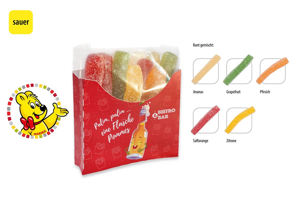 HARIBO Saure Pommes Tüte in Werbebox 50 g  ,  Inhalt:  HARIBO Saure Pommes